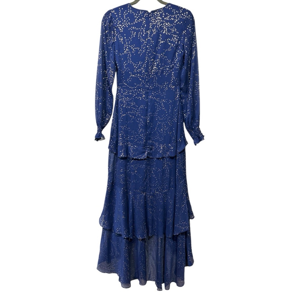 Anthropologie Hutch Molly Gown Navy Gold Sparkly Chiffon Ruffled Tiered Small 00 - Picture 11 of 15